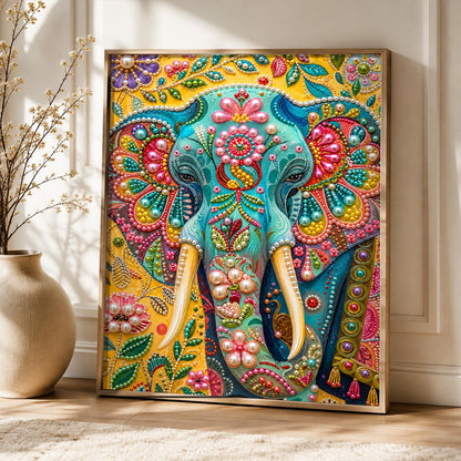 Teal Jeweled Elephant on Gold pearl painting – image 5