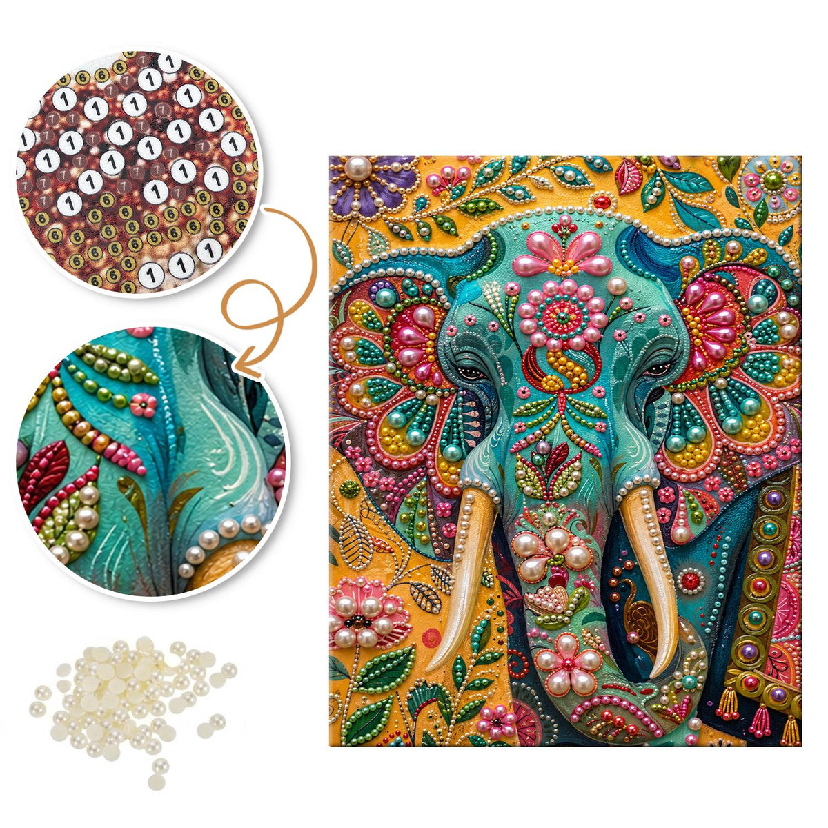 Teal Jeweled Elephant on Gold pearl painting – image 6