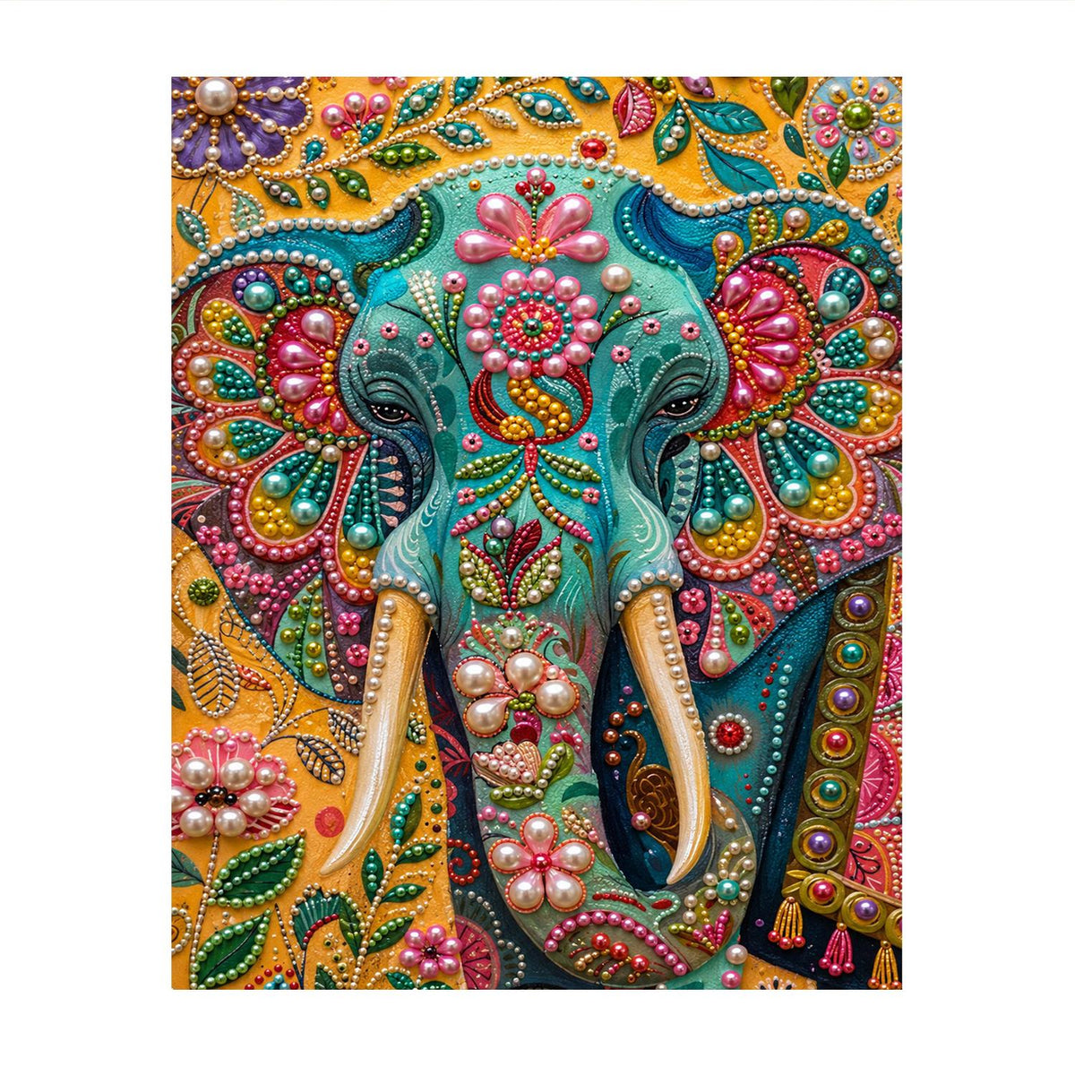 Teal Jeweled Elephant on Gold pearl painting – image 11