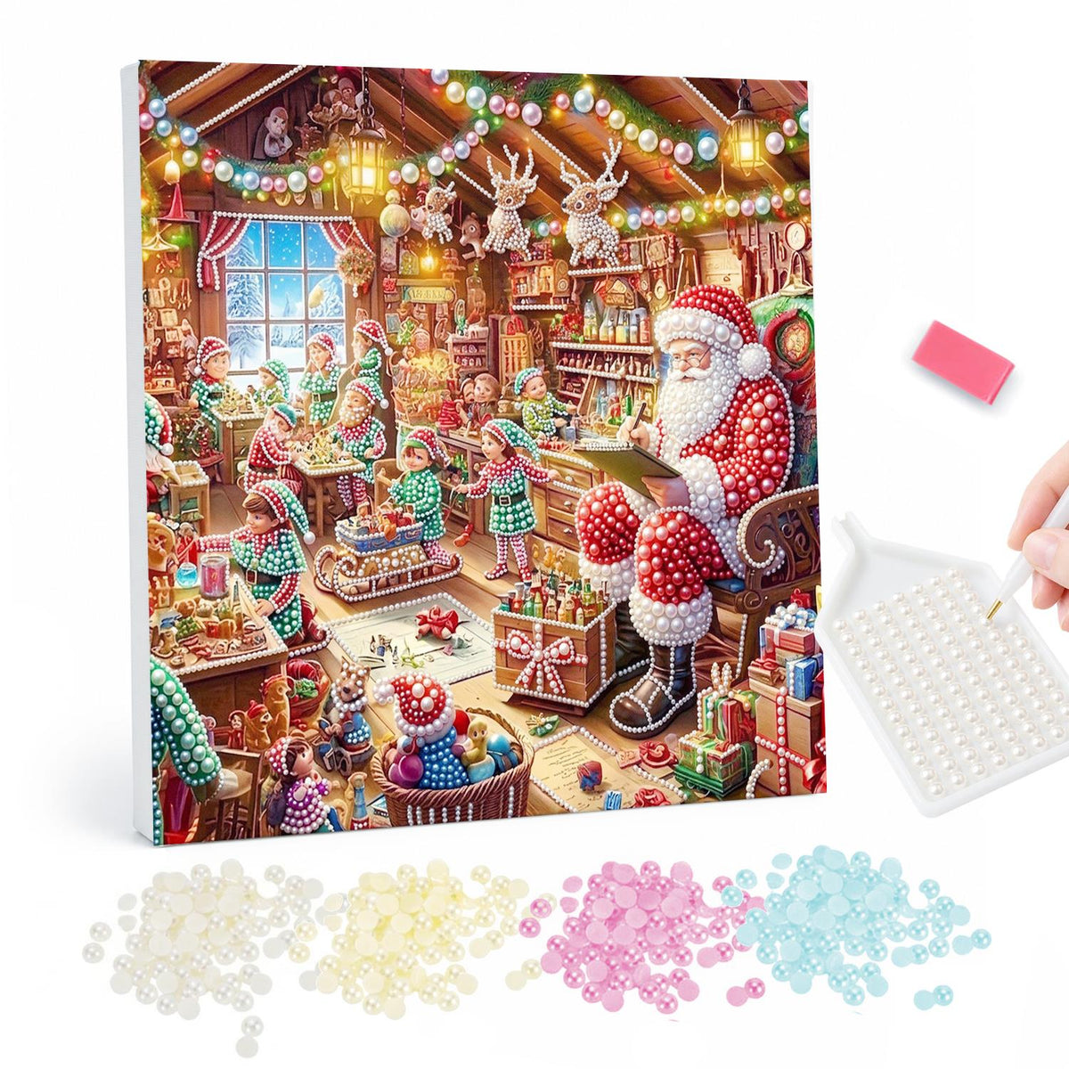 Toymaking Elves with Santa pearl painting – Santa watching elves build toys in a cluttered wooden workshop decorated with garlands