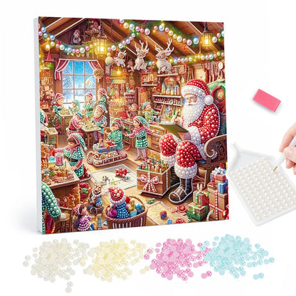 Toymaking Elves with Santa pearl painting – Santa watching elves build toys in a cluttered wooden workshop decorated with garlands