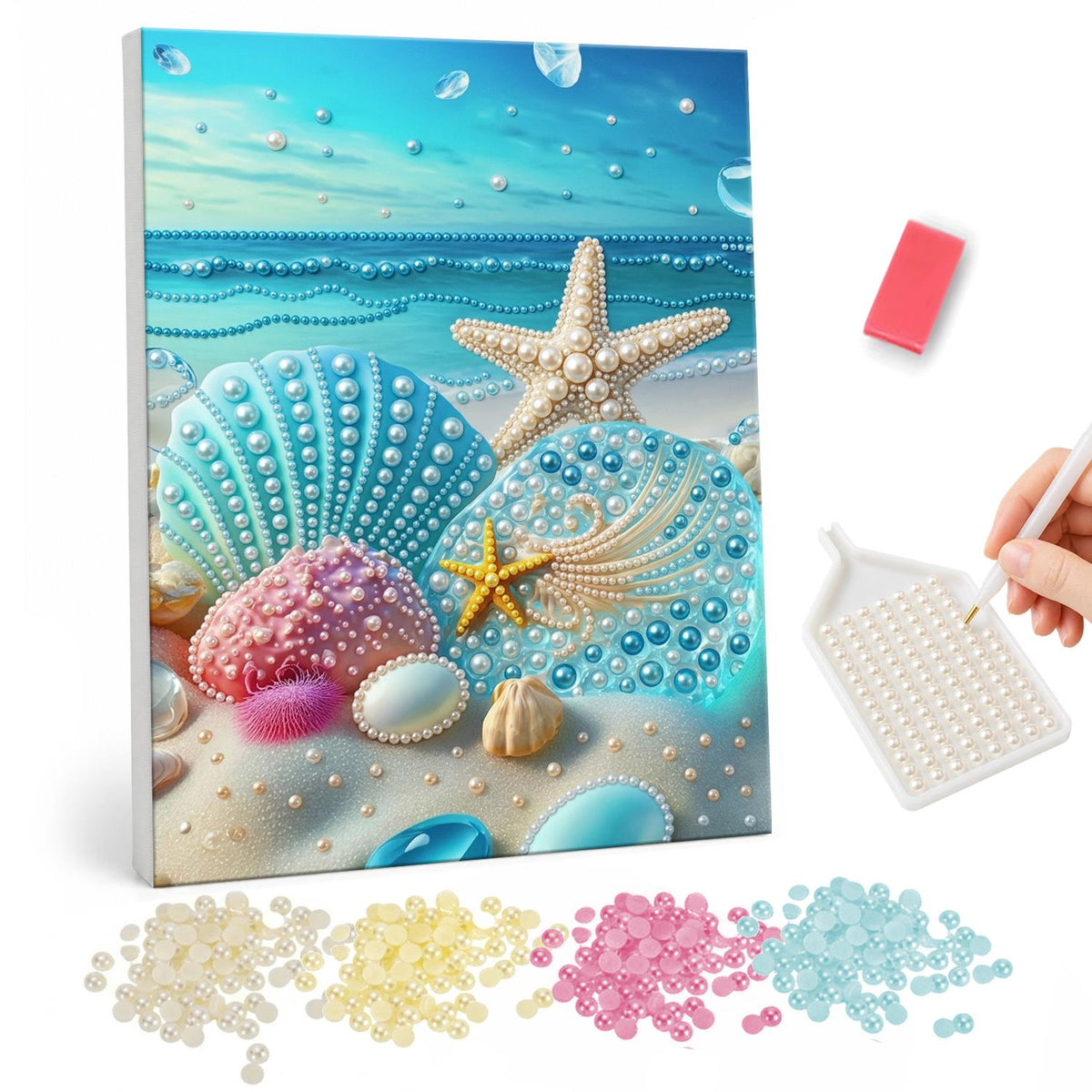 Starfish on a Turquoise Shore pearl painting – Aqua scallop shells, coral and starfish on the sand with turquoise waves behind