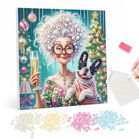 Festive Woman and French Bulldog pearl painting – image 1