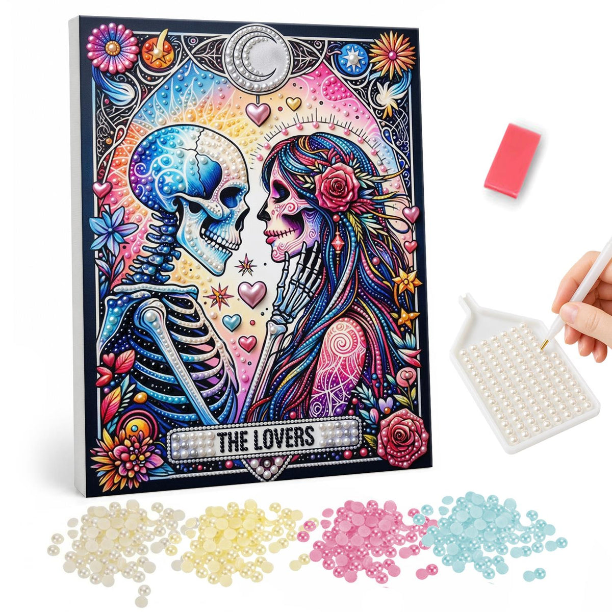 Skeleton Sweethearts Tarot pearl painting – Skeleton and a flower-crowned sugar skull woman about to kiss on an ornate tarot-style card
