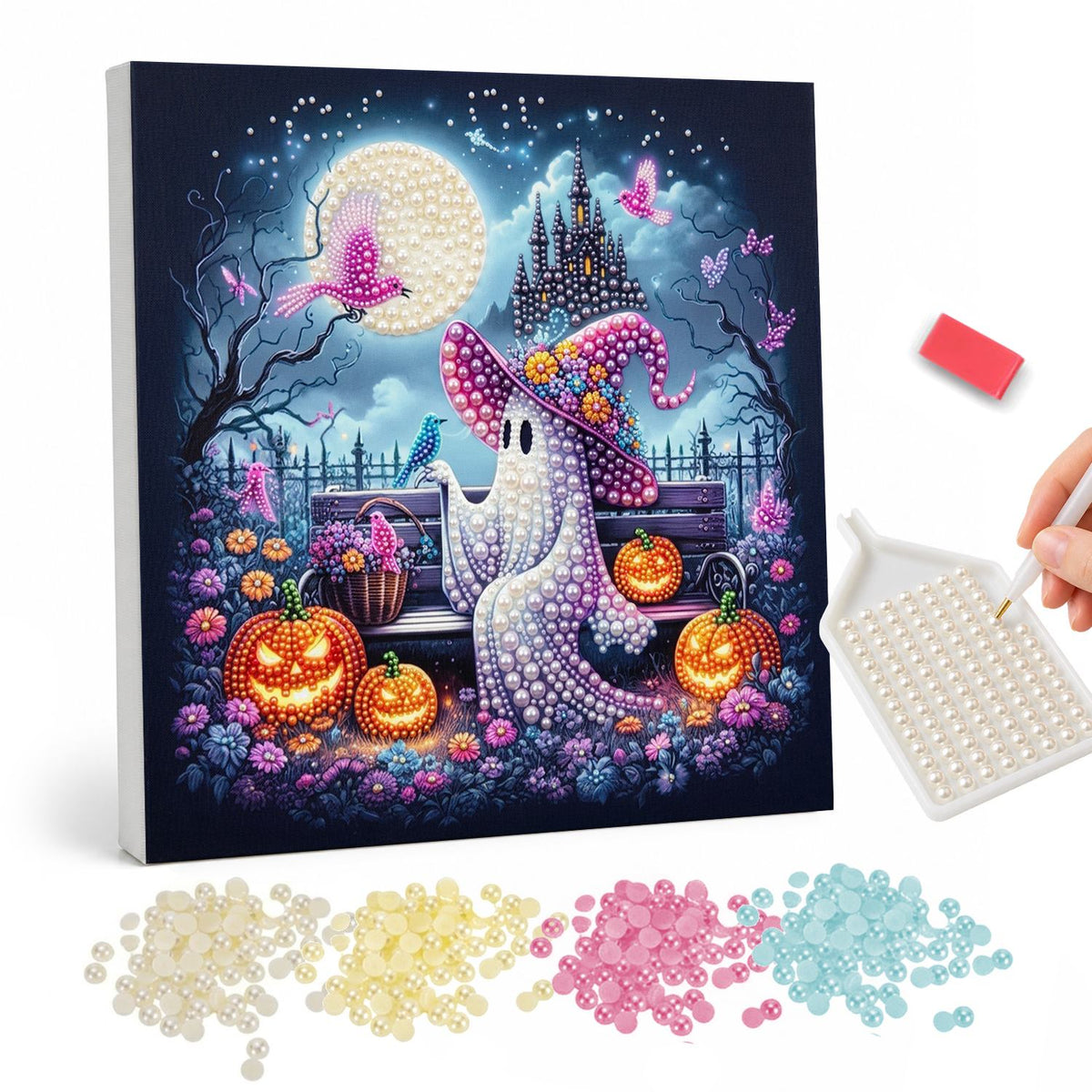 Pink-Hat Ghost on a Park Bench pearl painting – Ghost in a pink witch hat sitting on a bench among jack-o'-lanterns, pink butterflies and a moonlit castle