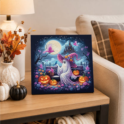 Pink-Hat Ghost on a Park Bench pearl painting – image 4