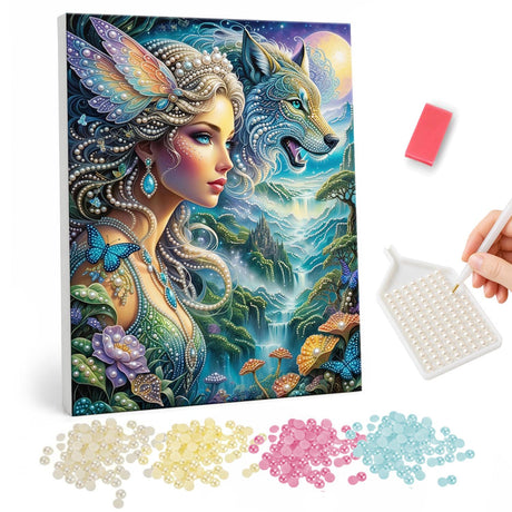 Butterfly Maiden and Spirit Wolf pearl painting – Woman with a butterfly in her pale hair beside a howling teal wolf above a forest waterfall