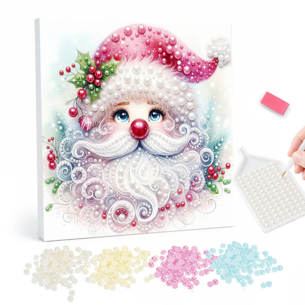 Pink Swirl-Bearded Santa Face pearl painting – Santa face with a pink hat, holly sprig, red nose and swirling white beard on a pastel background