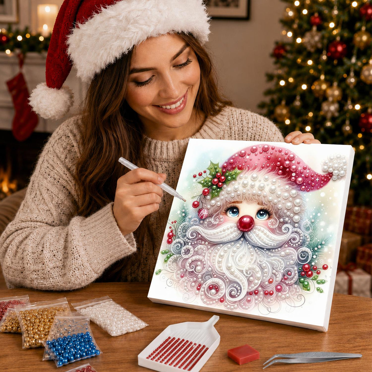 Pink Swirl-Bearded Santa Face pearl painting – image 16