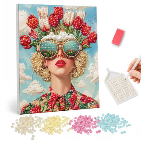 Tulip-Topped Lady in Shades pearl painting – Woman with red lips and big reflective sunglasses wearing red and white tulips like a hat