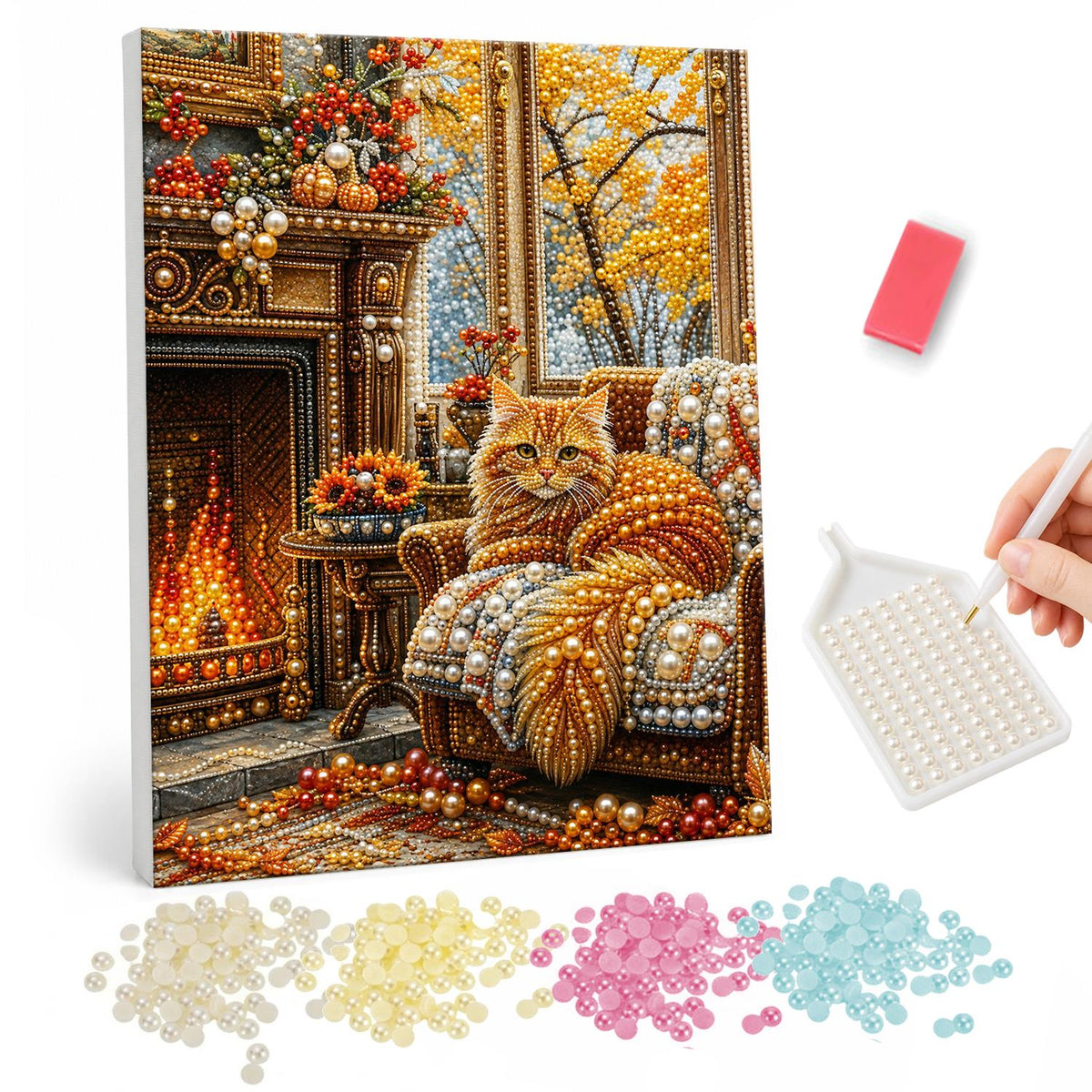 Fireside Cat on a Knit Throw pearl painting – Orange cat curled on a cozy armchair with a knit throw beside a crackling fireplace in autumn