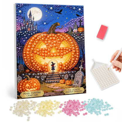 Witch at the Giant Pumpkin House pearl painting – Huge glowing jack-o'-lantern house with a little witch at its door, a castle and full moon behind
