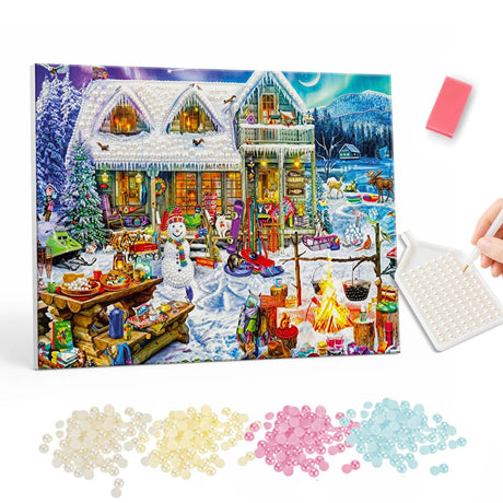 Christmas Cottage in a Snowy Village pearl painting – image 1