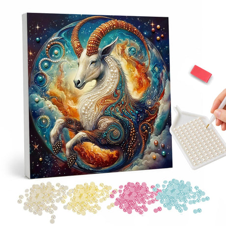 Spiral-Horned Ram of the Galaxy pearl painting – White ram with long curled horns leaping through swirling amber clouds inside a starry cosmic circle