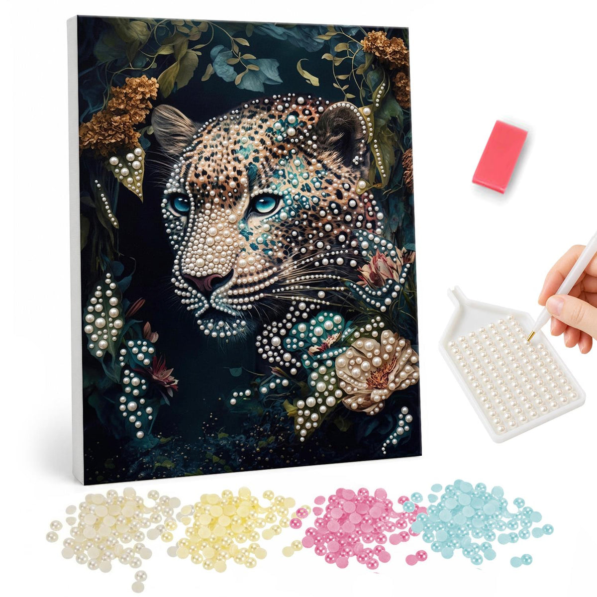 Pale Leopard in Dark Foliage pearl painting – Pale spotted leopard with blue eyes emerging from dark foliage and copper leaves