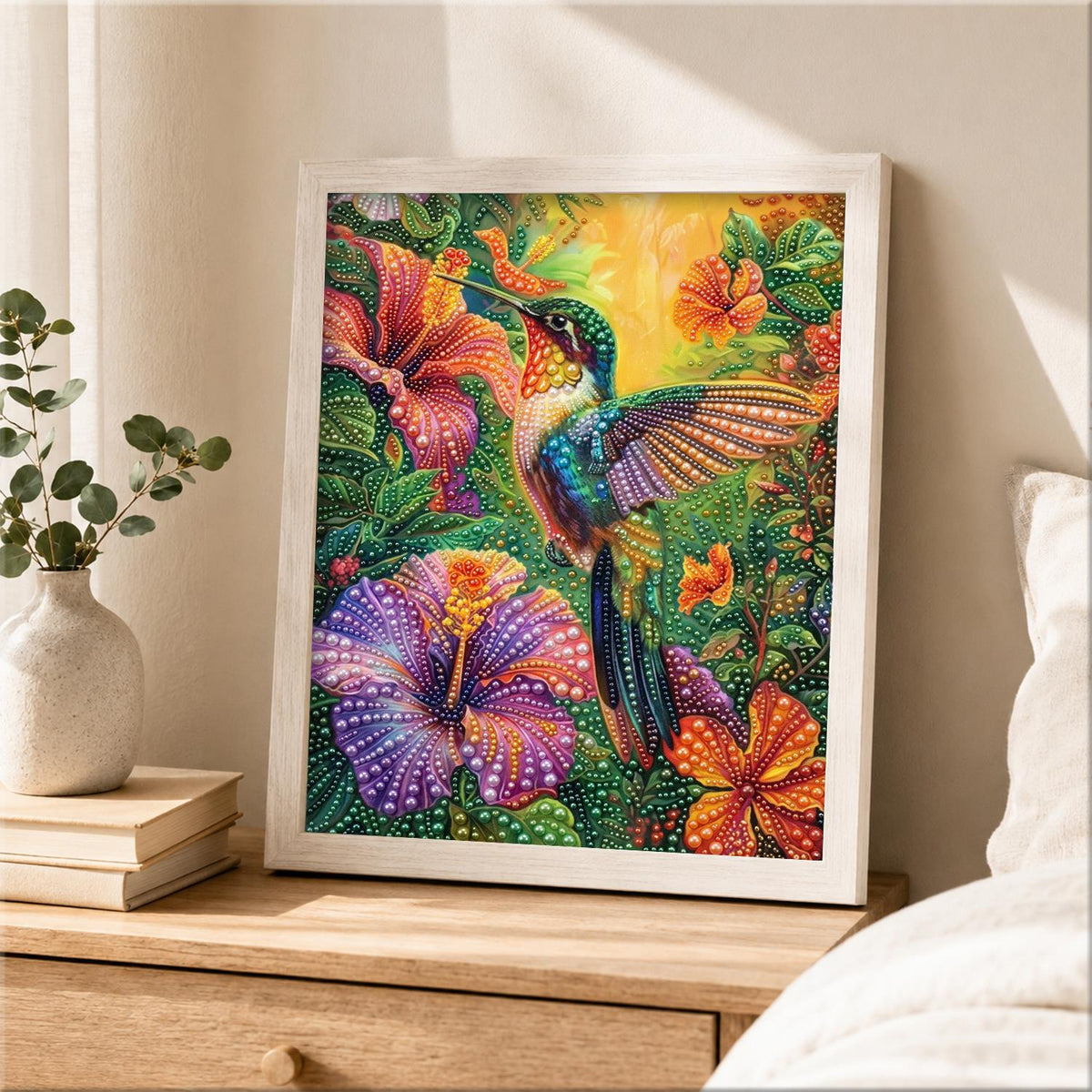 Hummingbird and Purple Hibiscus pearl painting – image 2