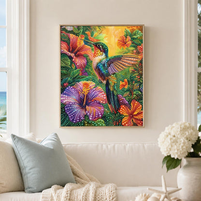 Hummingbird and Purple Hibiscus pearl painting – image 3