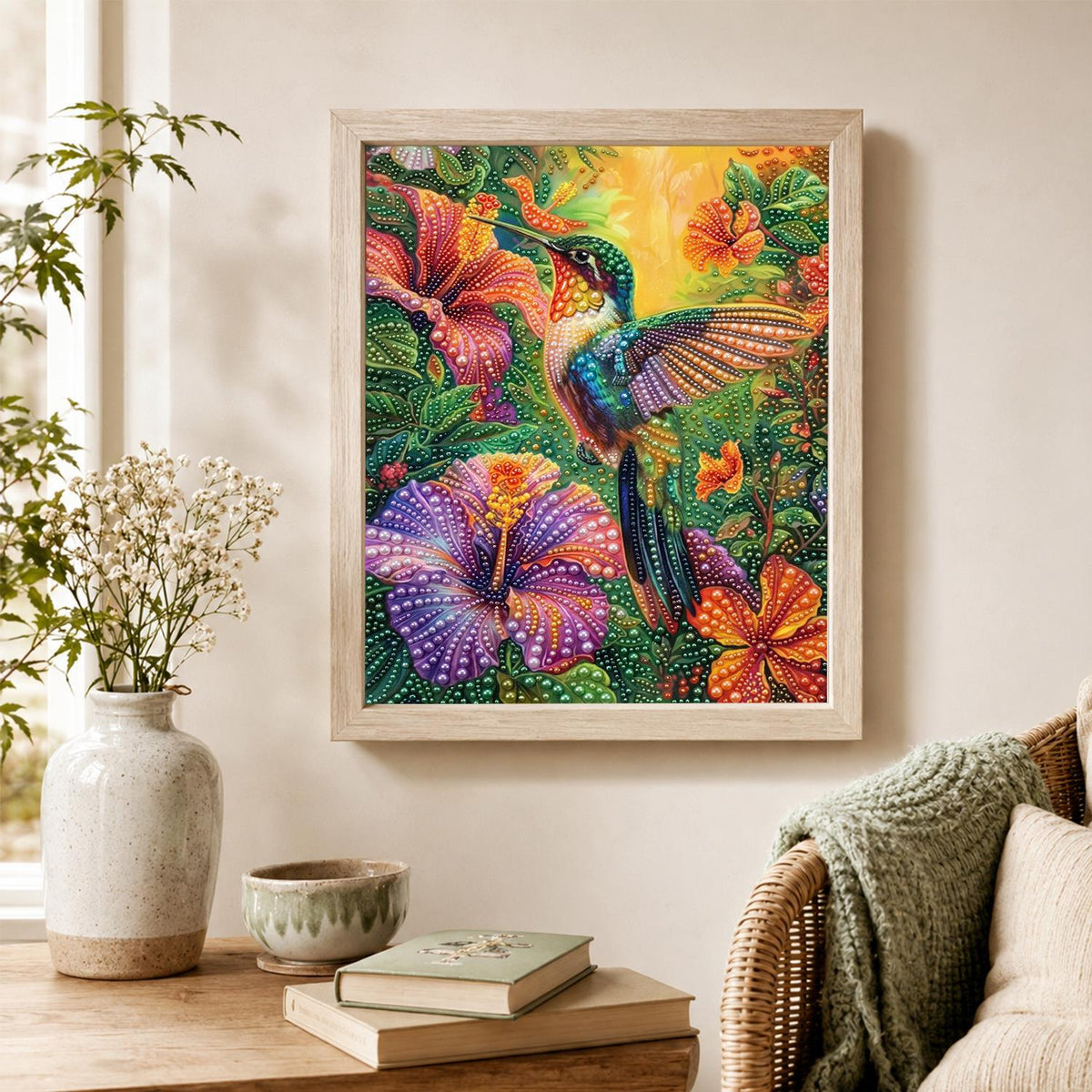 Hummingbird and Purple Hibiscus pearl painting – image 4