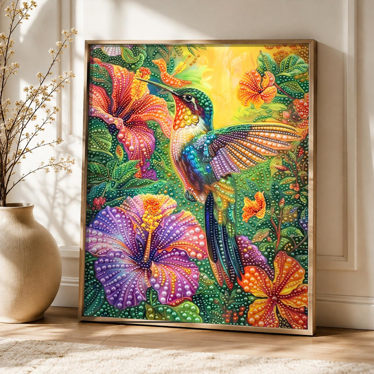 Hummingbird and Purple Hibiscus pearl painting – image 5