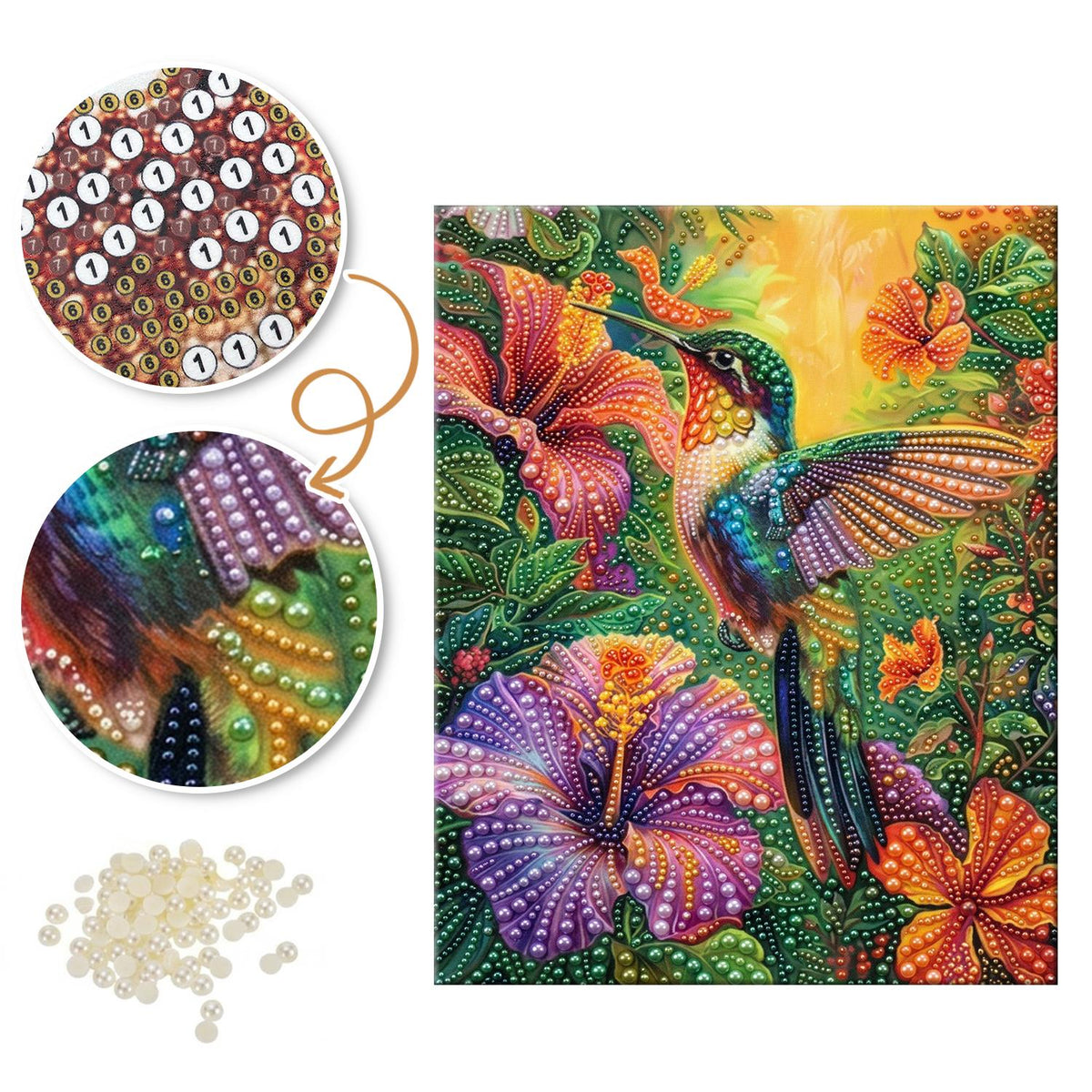 Hummingbird and Purple Hibiscus pearl painting – image 6