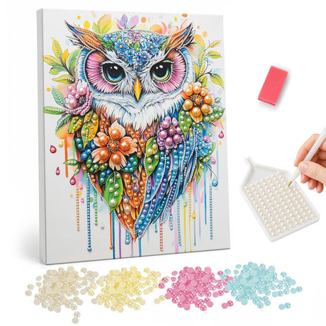 Bouquet Owl on White pearl painting – Owl with teal eyes and a chest of orange, pink and green flowers, colors dripping below, on white