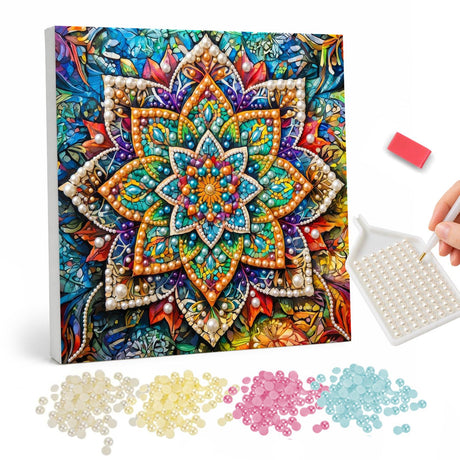 Stained Glass Petal Mandala pearl painting – Layered flower mandala in teal, orange and gold beads on a bright stained-glass style background