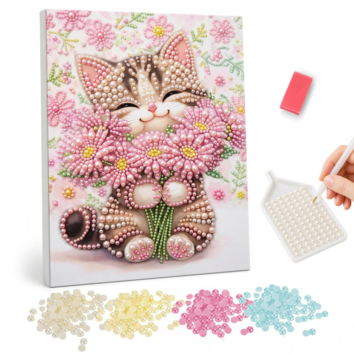 Tabby Hugging a Daisy Bouquet pearl painting – Smiling tabby kitten with closed eyes holding a big bouquet of pink daisies on pastel pink