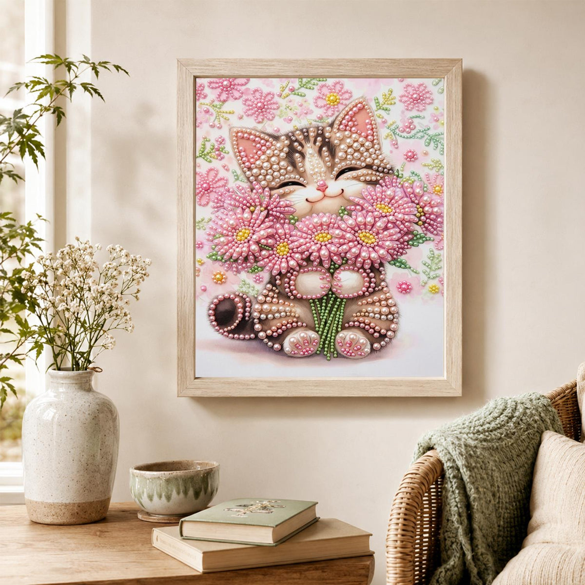 Tabby Hugging a Daisy Bouquet pearl painting – image 4
