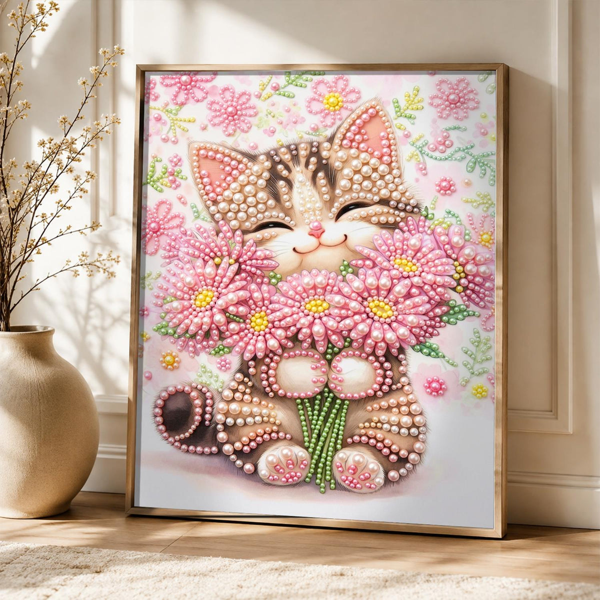 Tabby Hugging a Daisy Bouquet pearl painting – image 5