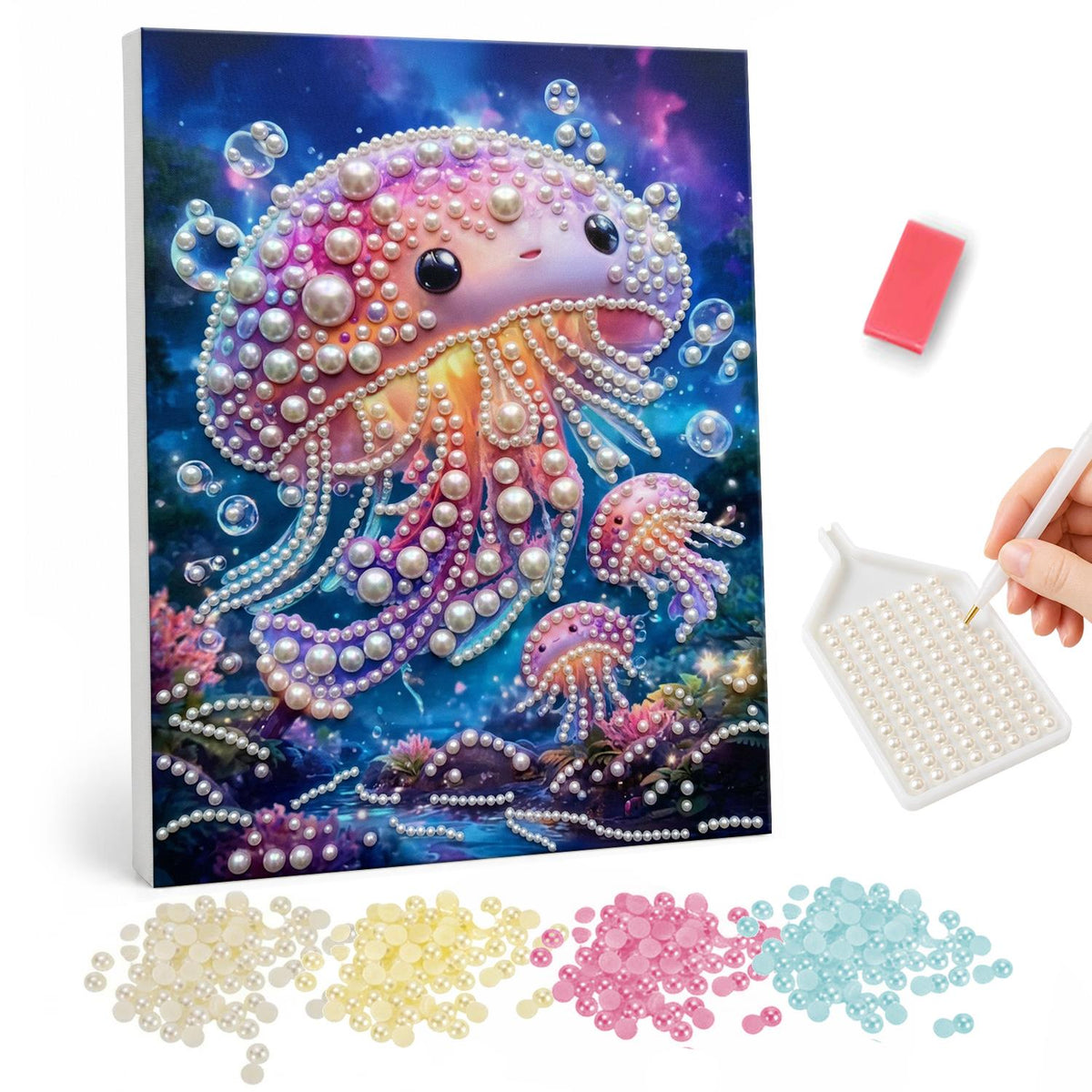 Smiling Jellyfish Family pearl painting – Cute pink and lilac jellyfish with big eyes and baby jellyfish among bubbles in a purple sea