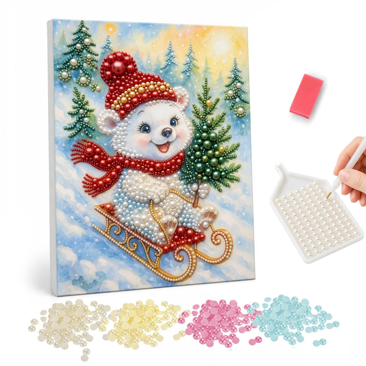 Polar Cub Sledding with a Tree pearl painting – White bear cub in a red hat and scarf riding a golden sled with a small fir tree through the snow