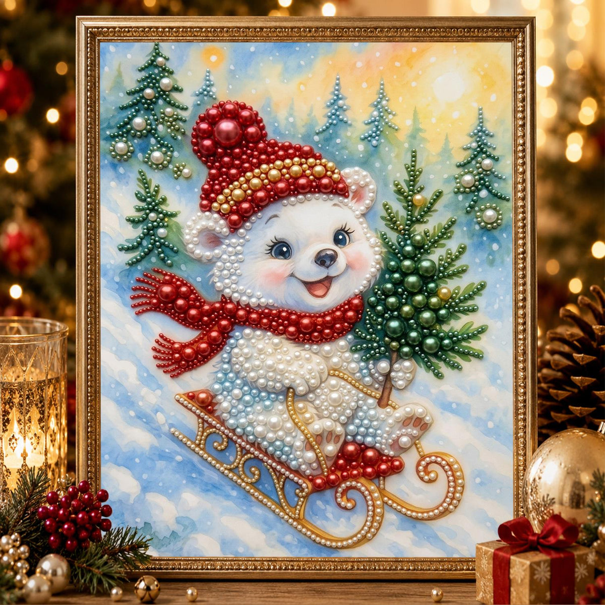 Polar Cub Sledding with a Tree pearl painting – image 2