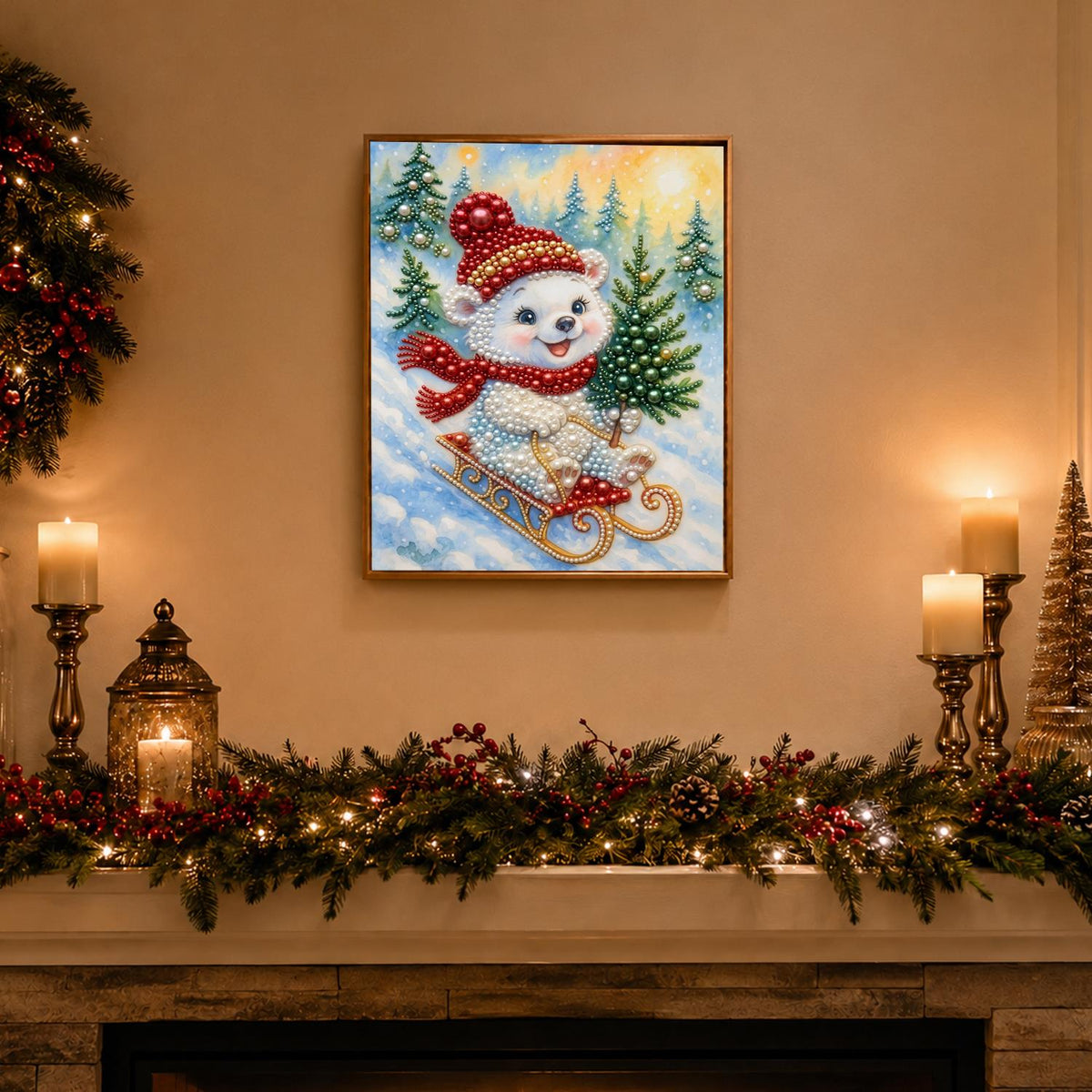 Polar Cub Sledding with a Tree pearl painting – image 3
