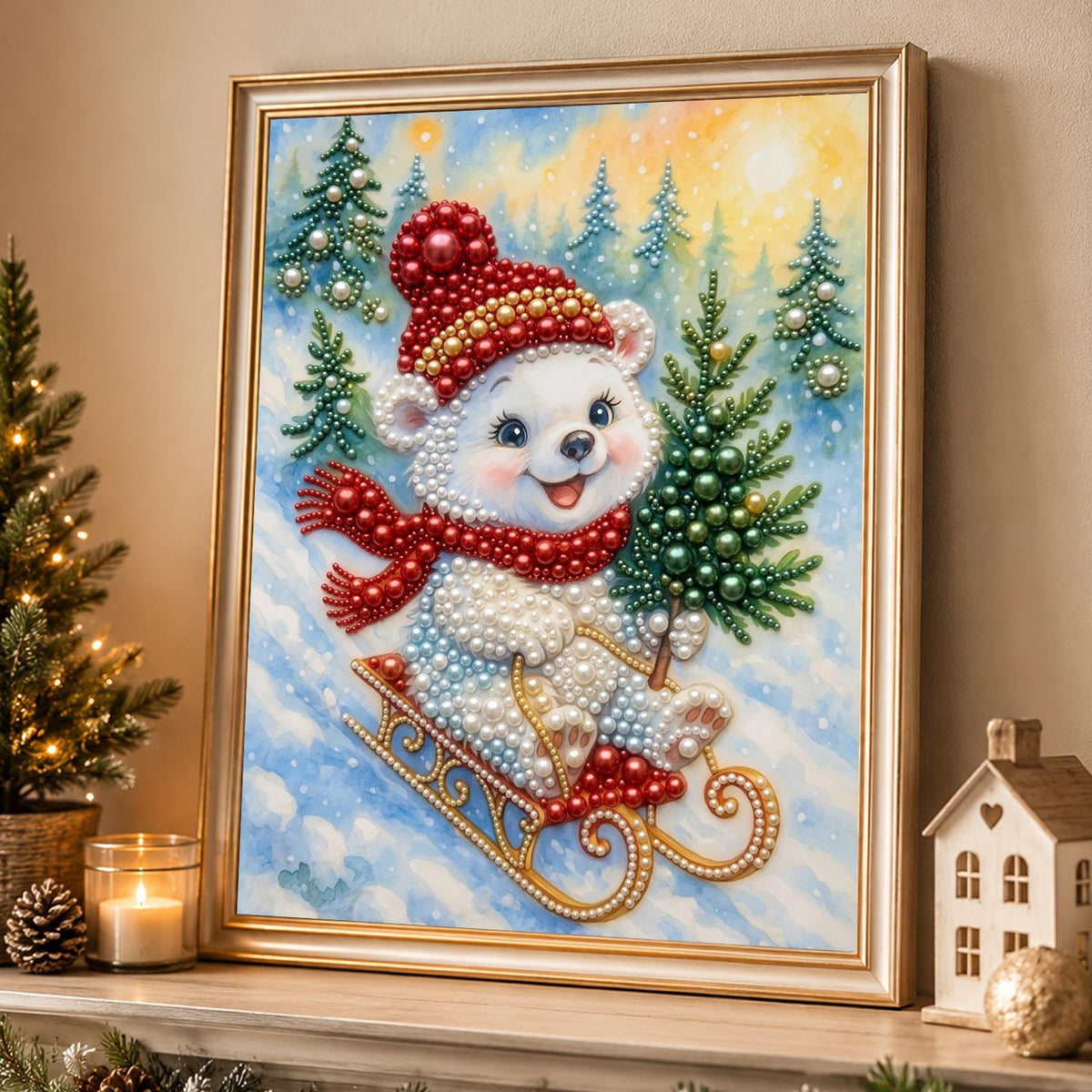 Polar Cub Sledding with a Tree pearl painting – image 4