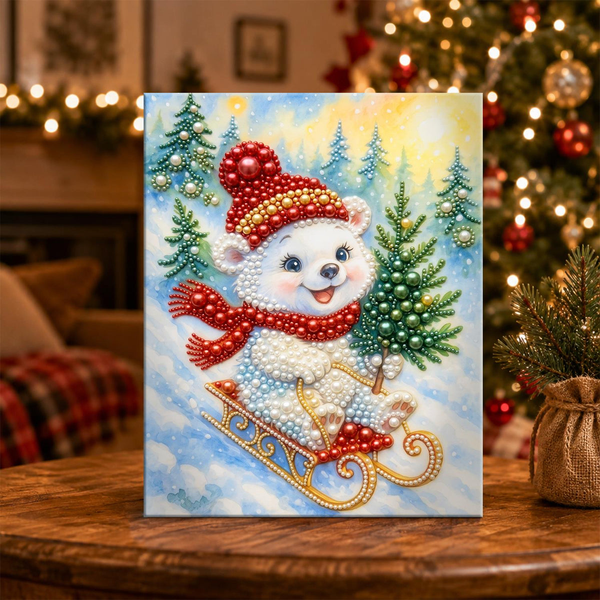 Polar Cub Sledding with a Tree pearl painting – image 5