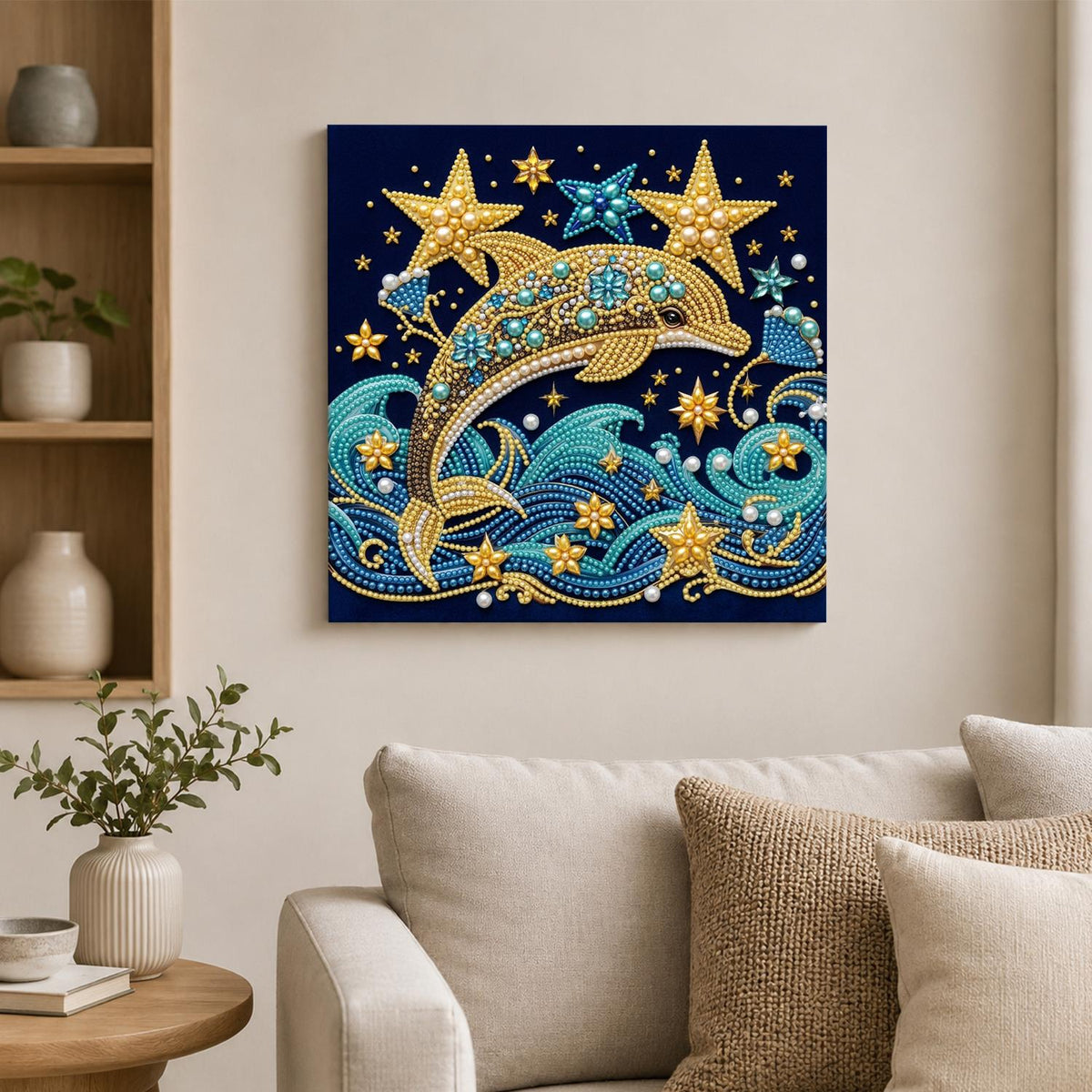 Golden Dolphin and Starry Waves pearl painting – image 2
