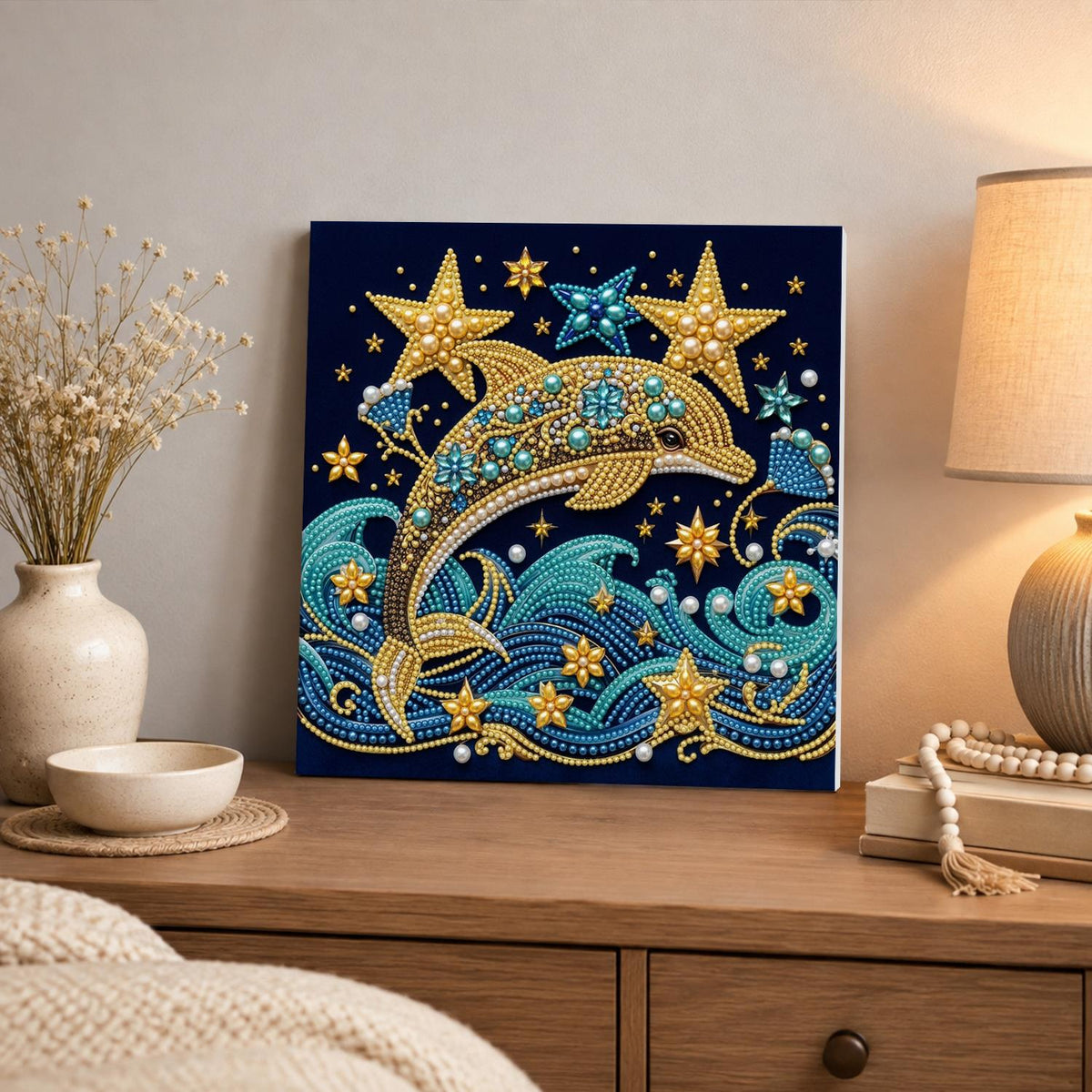 Golden Dolphin and Starry Waves pearl painting – image 3