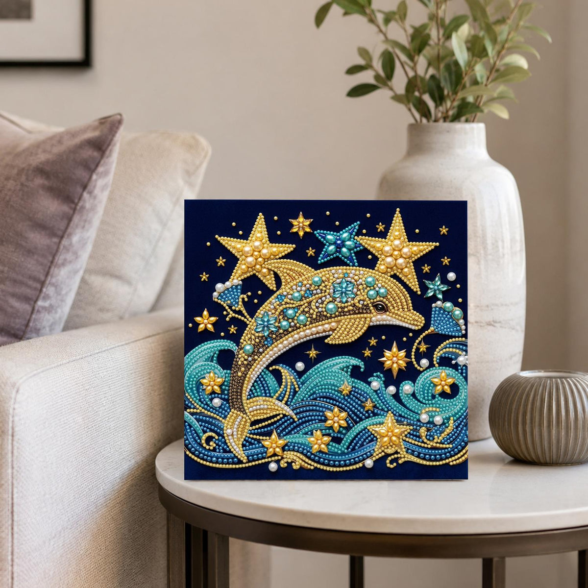 Golden Dolphin and Starry Waves pearl painting – image 4