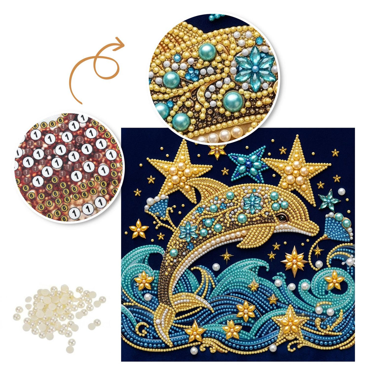 Golden Dolphin and Starry Waves pearl painting – image 6