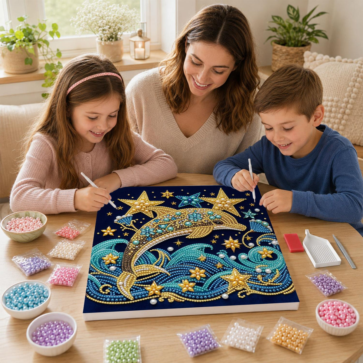 Golden Dolphin and Starry Waves pearl painting – image 15