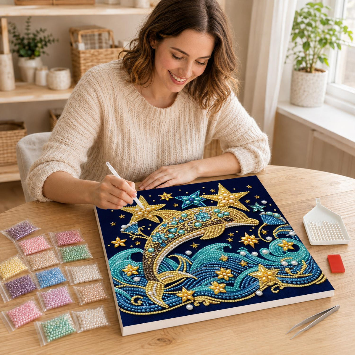 Golden Dolphin and Starry Waves pearl painting – image 16
