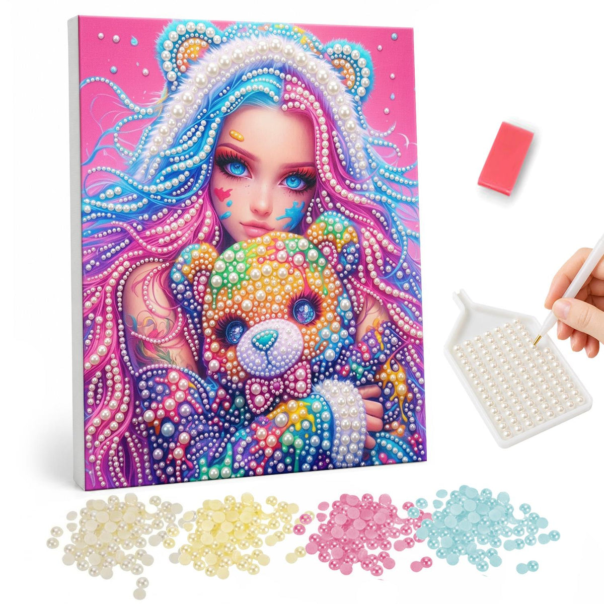 Bear-Hood Girl and Rainbow Teddy pearl painting – Blue-eyed girl with pink and blue hair in a bear-ear hood hugging a rainbow teddy bear
