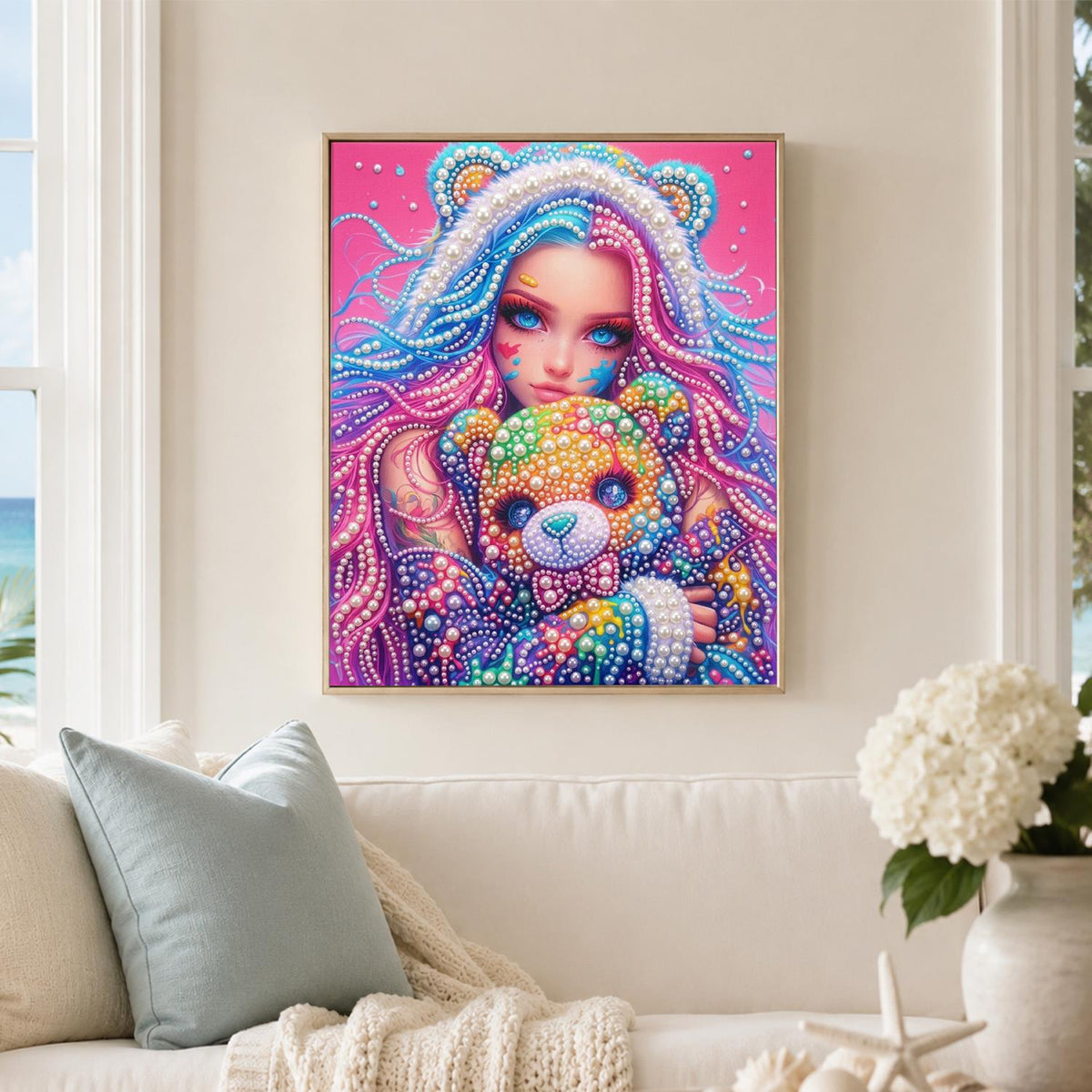 Bear-Hood Girl and Rainbow Teddy pearl painting – image 3