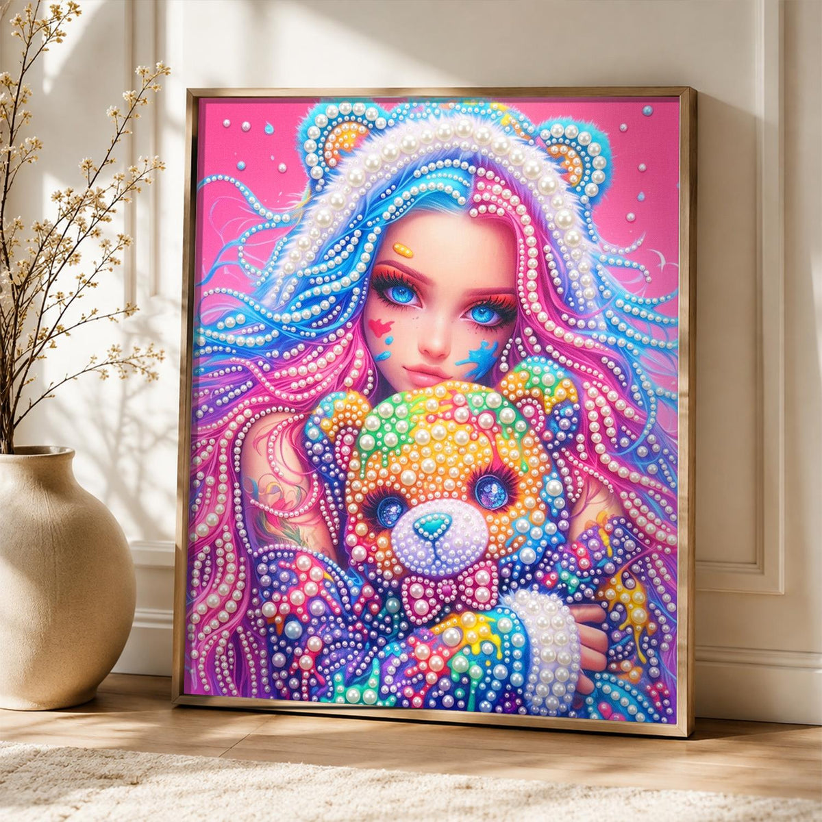Bear-Hood Girl and Rainbow Teddy pearl painting – image 5