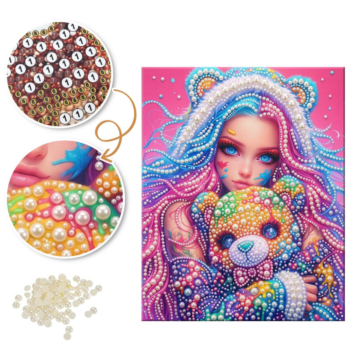 Bear-Hood Girl and Rainbow Teddy pearl painting – image 6