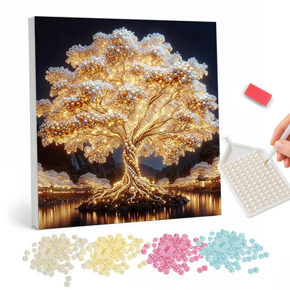 Shimmering Tree on Midnight Water pearl painting – Huge tree with glowing golden leaves on a lakeshore at night, its light reflected in the water