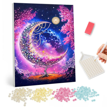 Galaxy Crescent and Blossom Tree pearl painting – Large crescent moon filled with a pink and violet galaxy above a lone tree and pink blossoms