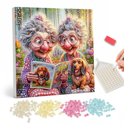 Dachshund Book Club Grannies pearl painting – Two gray-haired grannies in big glasses reading a dog book with two dachshunds in a garden
