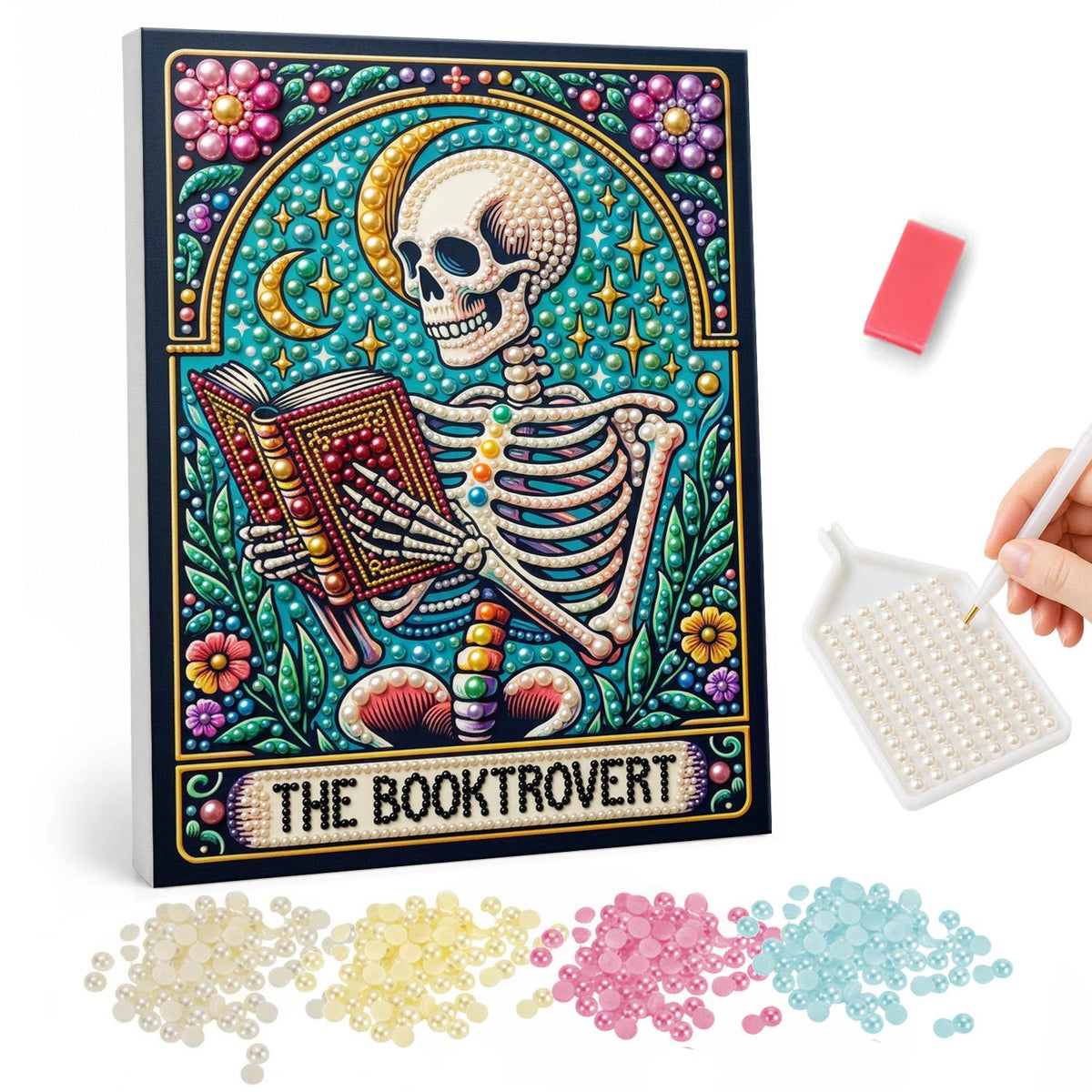 Bookworm Skeleton Tarot pearl painting – Skeleton reading an open book on a teal tarot-style card with a crescent moon and flowers