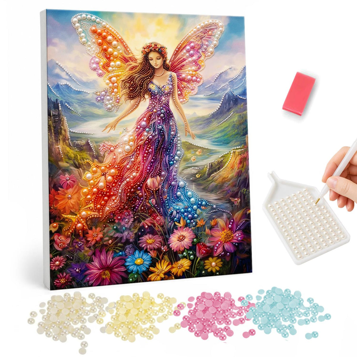 Fairy of the Mountain Meadow pearl painting – Fairy with orange butterfly wings in a flowing rainbow gown standing in a flowery mountain valley